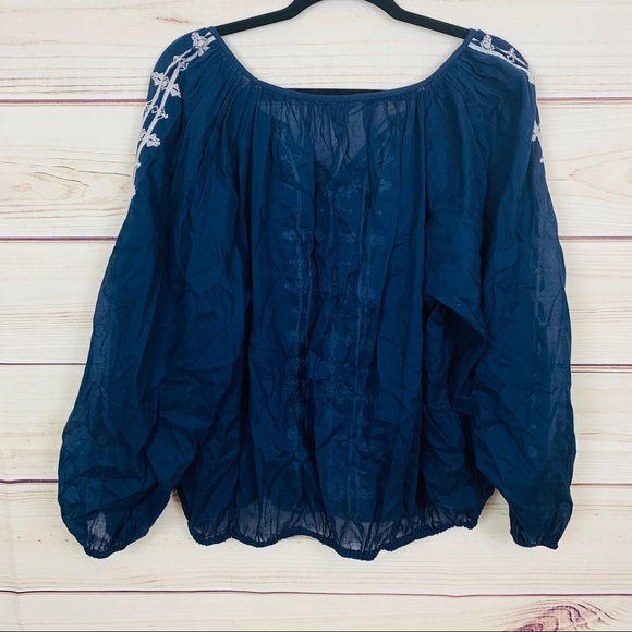 Lucky brand blue boho blouse white embroid… - Picture 3 of 8